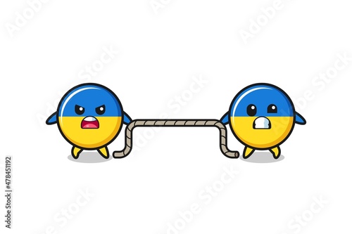cute ukraine flag character is playing tug of war game