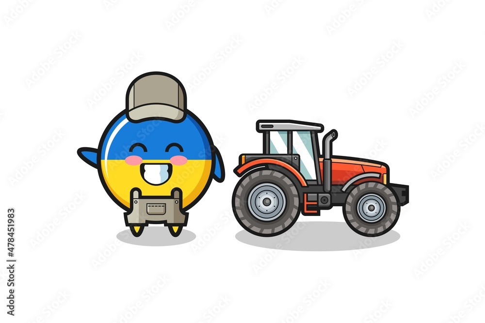 the ukraine flag farmer mascot standing beside a tractor the ukraine flag farmer mascot standing beside a tractor