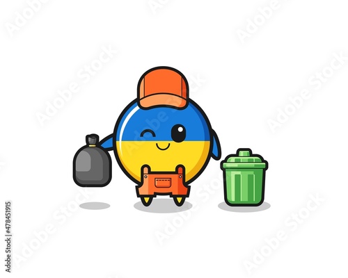 the mascot of cute ukraine flag as garbage collector