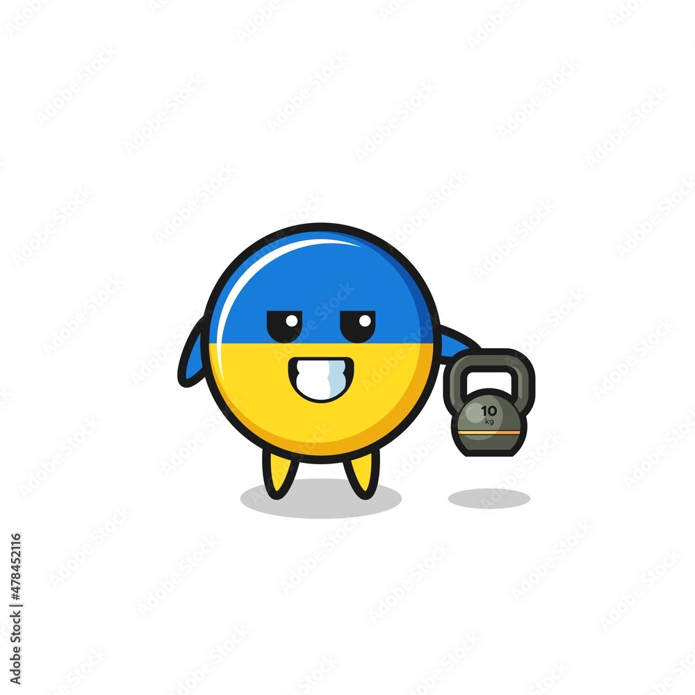 ukraine flag mascot lifting kettlebell in the gym