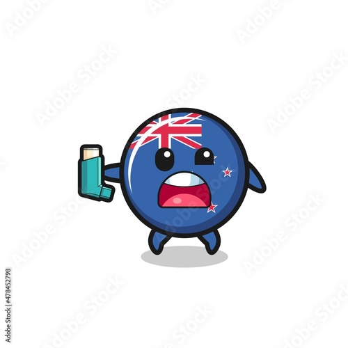 new zealand mascot having asthma while holding the inhaler