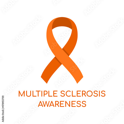 Multiple sclerosis awareness ribbon on white background. Orange bow or ribbon as a symbol of MS awareness month in March. Disease of the brain and spinal cord. Vector illustration, flat, clip art. 