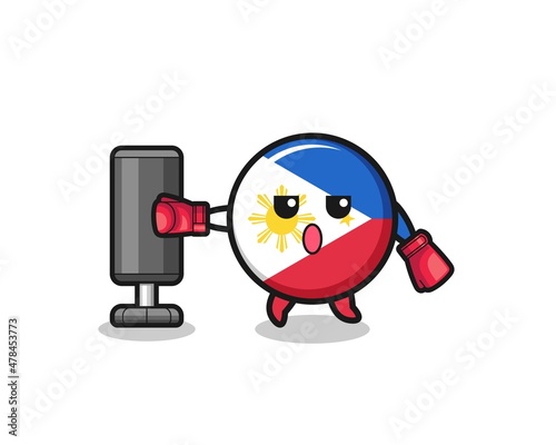 philippines flag boxer cartoon doing training with punching bag
