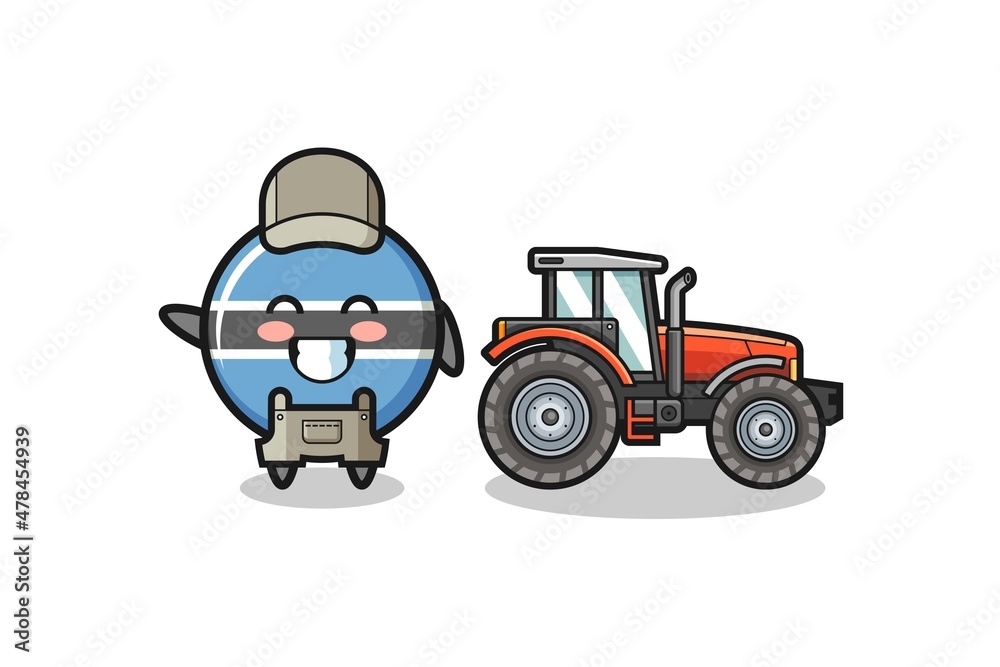 the botswana flag farmer mascot standing beside a tractor