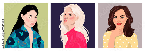 Diverse women face seamless with different gender and age culture girl portrait in a hand-drawn style. Women's rights event background concept includes black, Asian, caucasian.