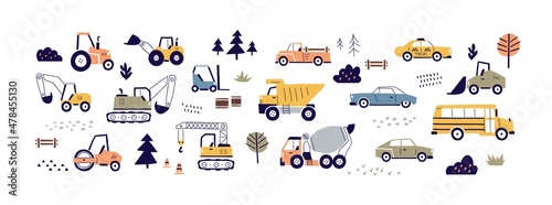 Cute cars in Scandinavian style. Childish road transport toys set. Tractor, bus, dump truck, excavator, forklift, taxi and pickup auto. Colored flat vector illustrations isolated on white background