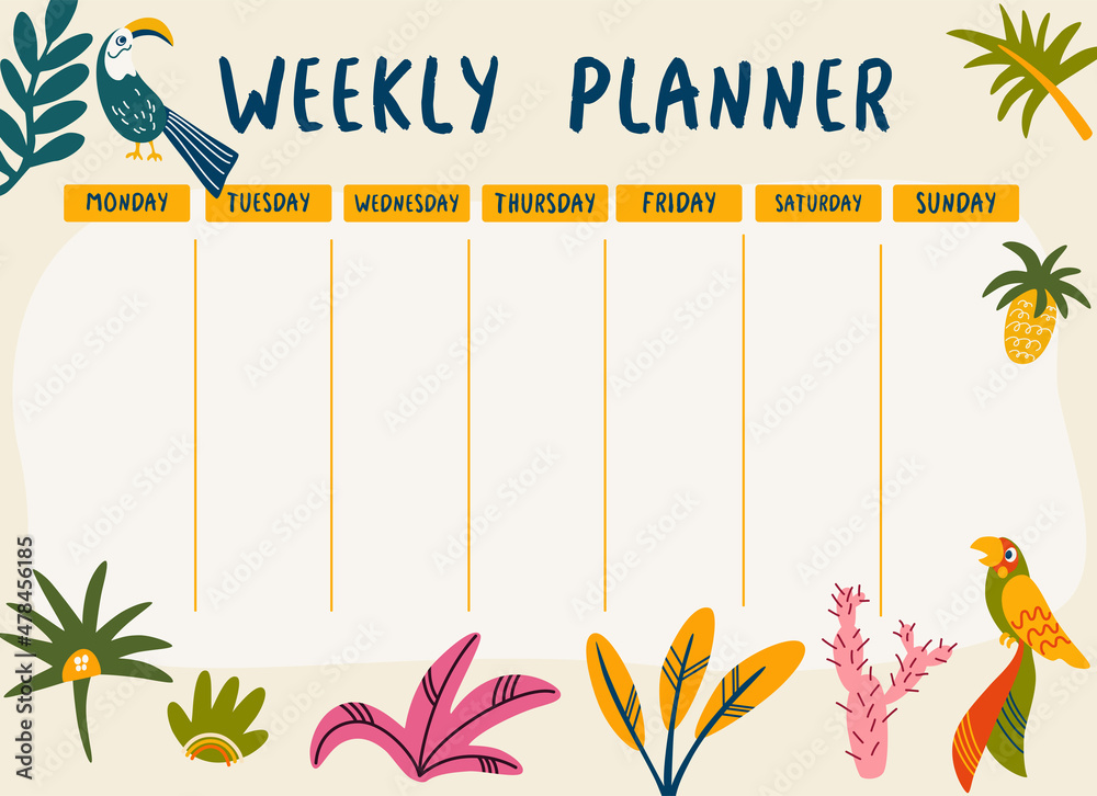 Weekly planner jungle. Planner with parrots and tropical leaves