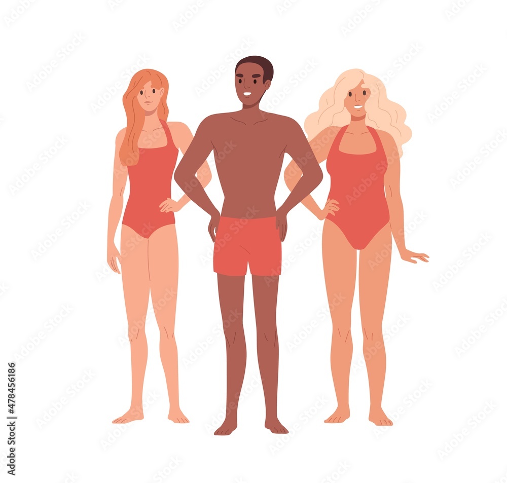 Beach lifeguards in swimsuits portrait. Happy smiling man and woman lifesavers in swimwear. Life guard team. Male and female swimmers group. Flat vector illustration isolated on white background Beach lifeguards in swimsuits portrait. Happy smiling man and woman lifesavers in swimwear. Life guard team. Male and female swimmers group. Flat vector illustration isolated on white background