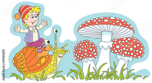 Merry little boy riding on a funny garden snail and big red fly agarics among green grass on a forest glade, vector cartoon illustration isolated on a white background
