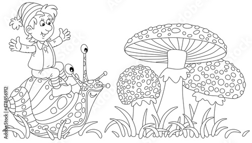 Merry little boy riding on a funny garden snail and big spotted fly agarics among grass on a forest glade, black and white outline vector cartoon illustration for a coloring book page