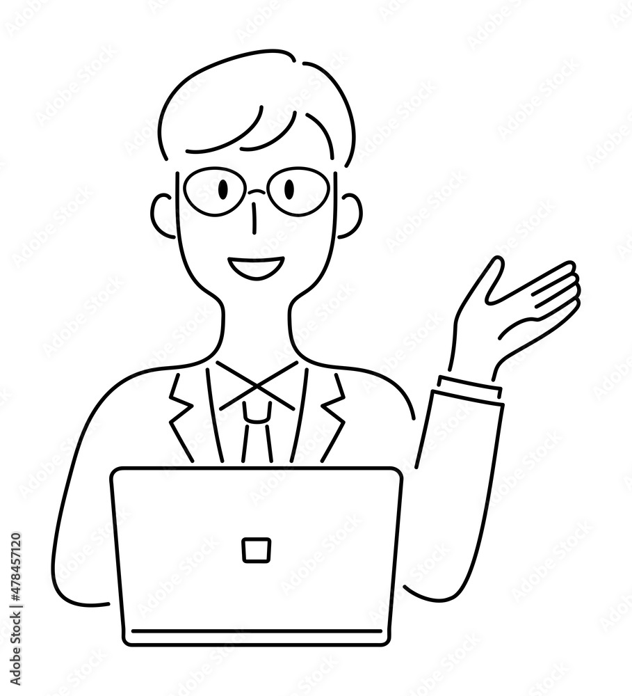 手描き風・パソコンを前に笑顔で案内する男性のベクターイラスト