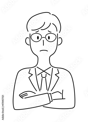 手描き風・腕を組んで困った顔をする男性のベクターイラスト
