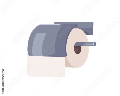 Toilet paper roll hanging on metal wall holder with cover. Sanitary tissue roller for WC. Hygiene napkins for restroom. Realistic flat vector illustration isolated on white background