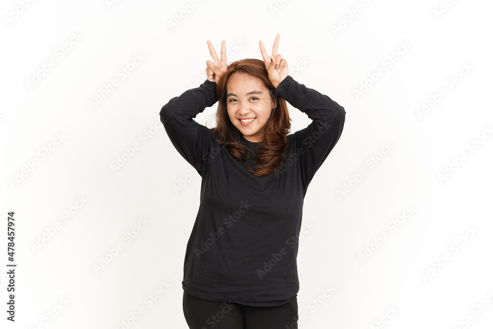 Showing Peace Sign Of Beautiful Asian Woman Wearing Black Shirt Isolated On White Background Showing Peace Sign Of Beautiful Asian Woman Wearing Black Shirt Isolated On White Background