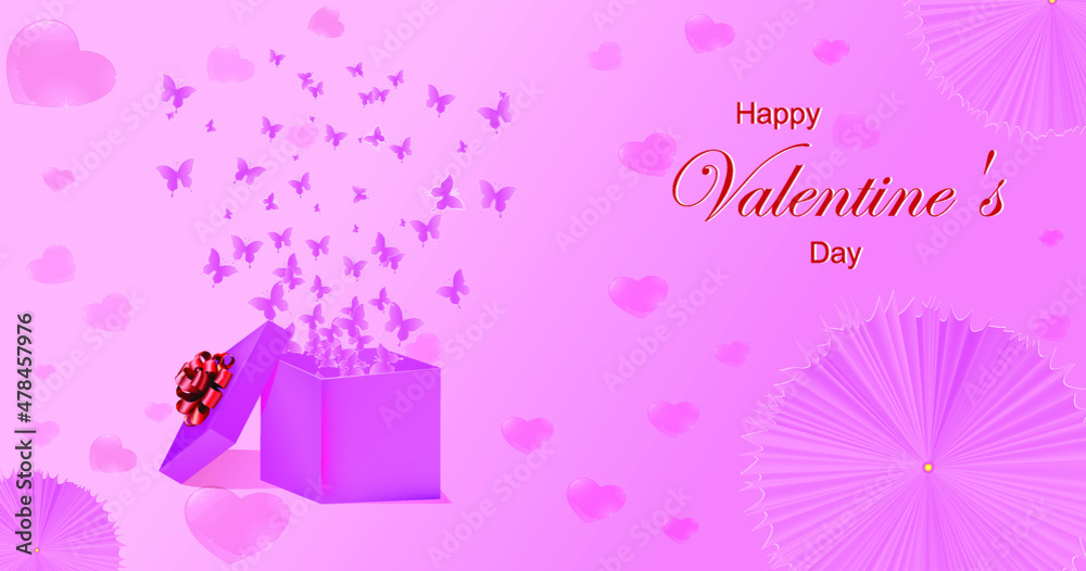 Happy valentine card with umbrellas, butterflies and hearts