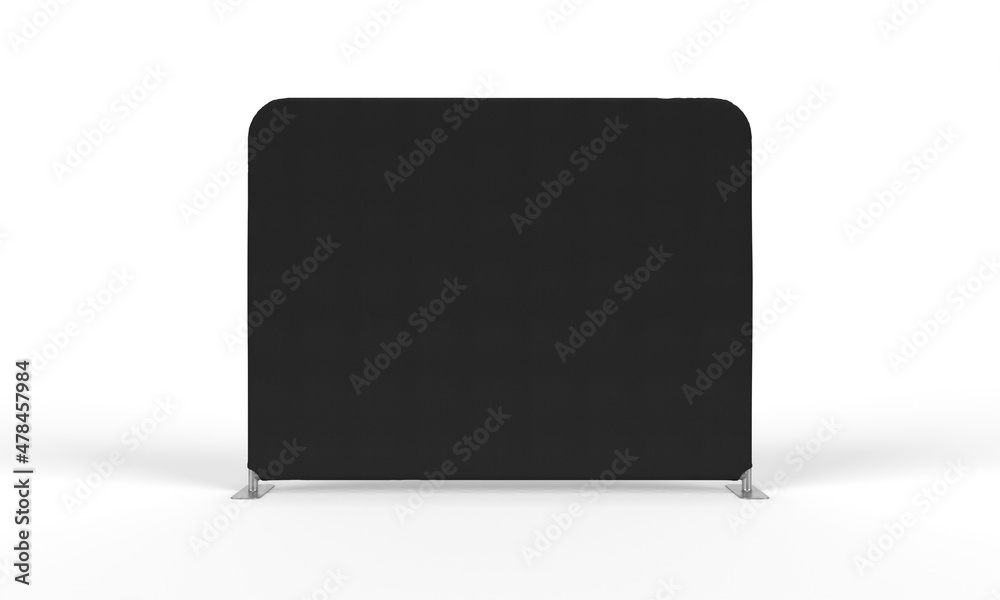 A Black Cloth Banner Display Wall with Flat Steel Feet from the front, Isolated on a White Background for Mockup and Illustrations. 3D render. A Black Cloth Banner Display Wall with Flat Steel Feet from the front, Isolated on a White Background for Mockup and Illustrations. 3D render.
