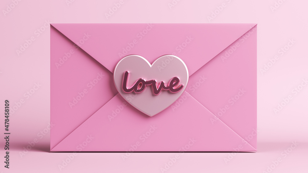 Pink-colored post envelope heart-shape and love text. On pink-colored background. Horizontal composition with copy space. Isolated with clipping path. Pink-colored post envelope heart-shape and love text. On pink-colored background. Horizontal composition with copy space. Isolated with clipping path.
