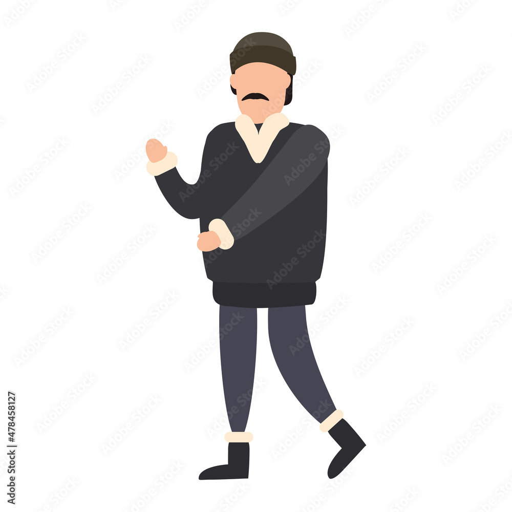Manwith mustache winter cold weather clothes, cap, warm coat, boots. Cartoon flat style Manwith mustache winter cold weather clothes, cap, warm coat, boots. Cartoon flat style