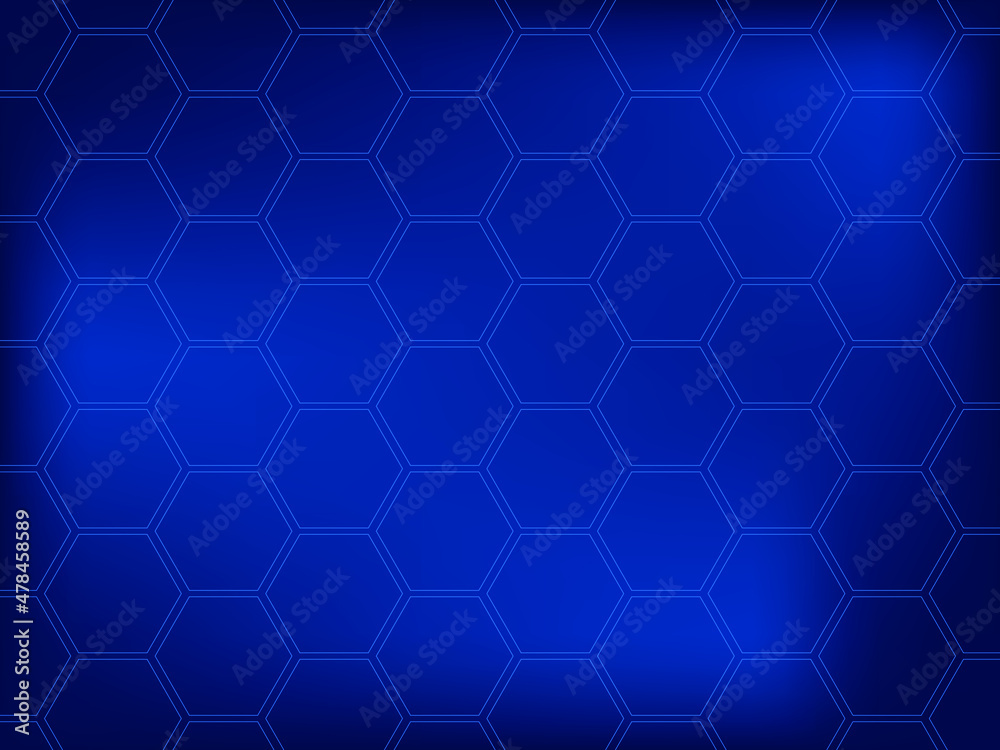 Hexagon shapes, honeycomb pattern, texture on gradient blue technology background. Digital data visualization. Tech, business, science concept. Vector illustration, eps 10.