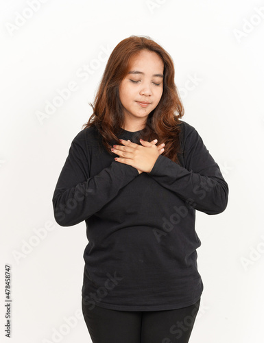 Self Love Gesture Of Beautiful Asian Woman Wearing Black Shirt Isolated On White Background