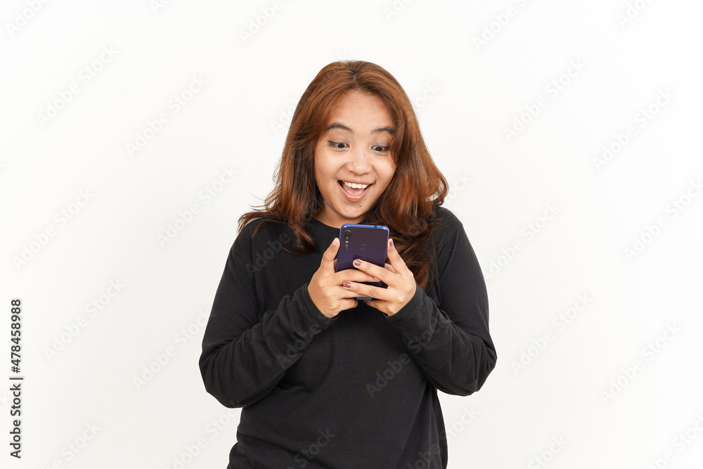 Holding and Using Smartphone Of Beautiful Asian Woman Wearing Black Shirt Isolated On White Holding and Using Smartphone Of Beautiful Asian Woman Wearing Black Shirt Isolated On White