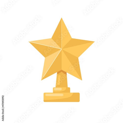 Gold star prize. Golden winners award. Pentacle on pedestal trophy. Gilded re...