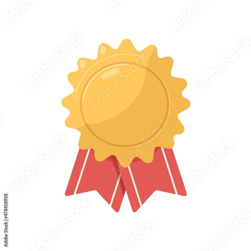 Gold badge award with ribbons. Golden rosette medal label. Premium emblem of best quality. Shiny metal reward symbol. Realistic flat vector illustration isolated on white background