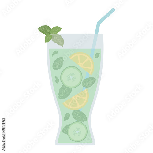 Detox Water Glass. Vector Illustration. The Glass of Infused Water with Mint leaves, Cucumber and Lemon Slices. Graphic for Photographic Print, Planner Sticker, Poster, Healthy Recipe, Icon