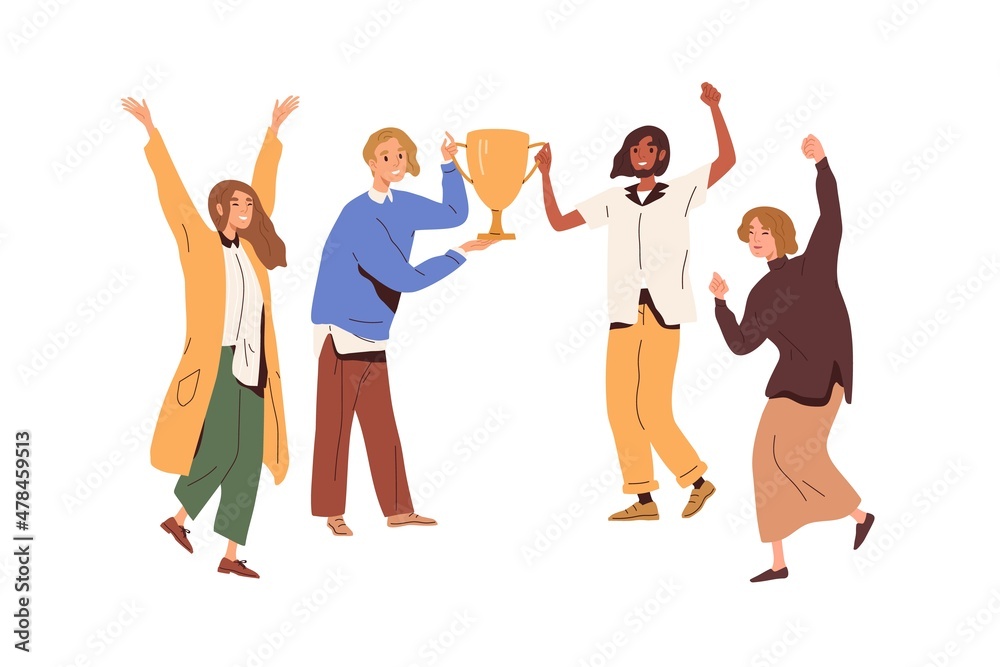 Obraz premium People holding winners cup, celebrate victory. Happy team with trophy. Champions and gold goblet award. Achievement and triumph concept. Flat graphic vector illustration isolated on white background