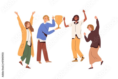 People holding winners cup, celebrate victory. Happy team with trophy. Champions and gold goblet award. Achievement and triumph concept. Flat graphic vector illustration isolated on white background