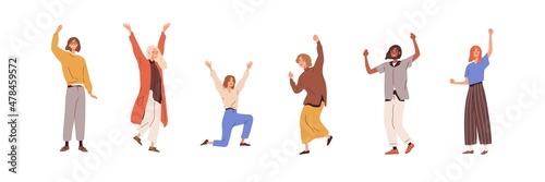 Happy people rejoicing. Excited men and women celebrate victory and success with joy. Delighted persons with positive emotions of happiness. Flat vector illustrations isolated on white background