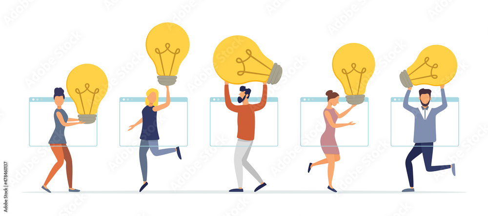 Fototapeta premium Exchange of business ideas, joint online meeting on the Internet. Knowledge sharing, people working together on the concept of an idea. Flat style. Vector illustration.