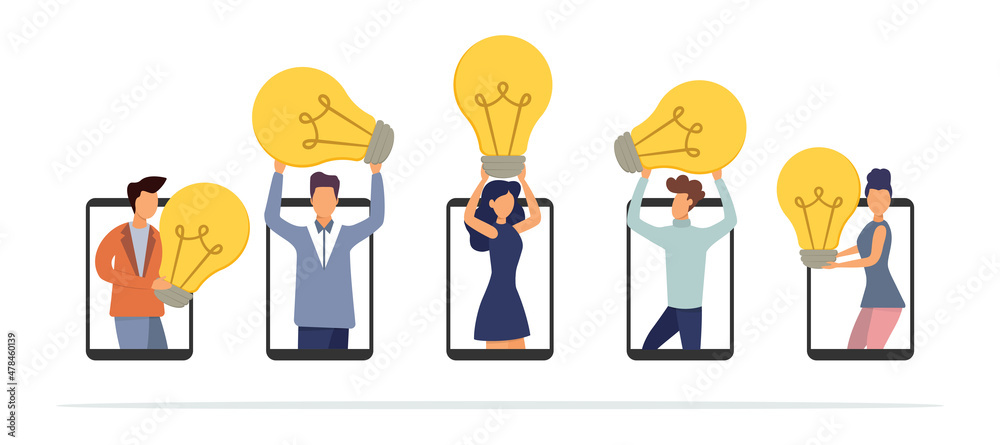 Exchange of business ideas, joint online meeting on the Internet. Knowledge sharing, people working together on the concept of an idea. Flat style. Vector illustration.