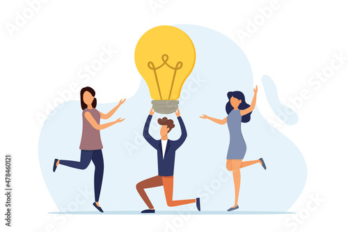 Creative thinking. Team brainstorming, idea management, project management, new idea generation, start-up collaboration, solution search. Flat style. Vector illustration.
