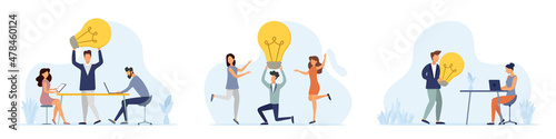 Team brainstorming, idea management, project management, new idea generation, start-up collaboration, finding solutions, product development. Set of illustrations in a flat style.