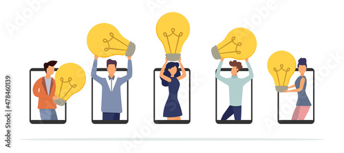 Exchange of business ideas, joint online meeting on the Internet. Knowledge sharing, people working together on the concept of an idea. Flat style. Vector illustration. © Andrii