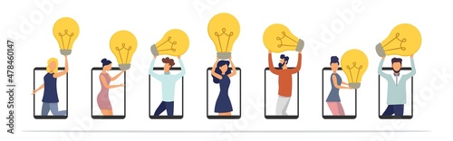 Exchange of business ideas, joint online meeting on the Internet. Knowledge sharing, people working together on the concept of an idea. Flat style. Vector illustration.