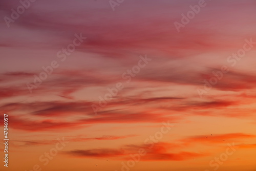 A sunset sky as background or texture with red and orange colored clouds © moofushi