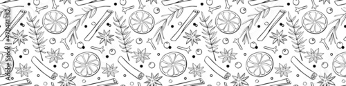 Vector seamless pattern of Christmas winter outline spices in doodle style. Xmas background or texture with seasonings. For desserts, hot mulled wine, homemade cookies, template of menu, recipes