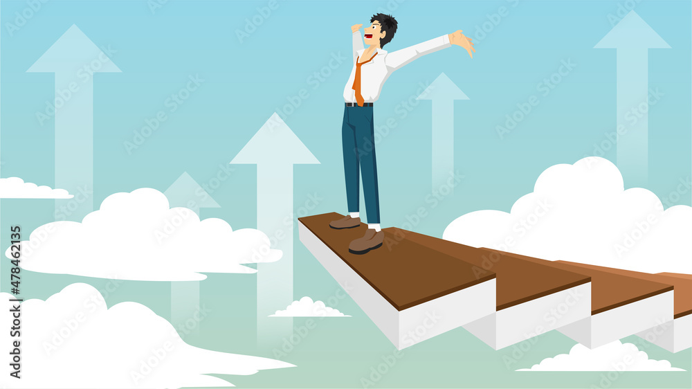 Obraz premium Businessman in a private suit. He stood with his hands at the top of the stairs. Blurred of upward slanting many white arrow. On soft sky and clouds.