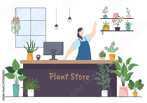 Flowers Store and Plants Shop with Florists Care, Organic Natural Products for Home Garden Green Decoration in Flat Background Vector Illustration