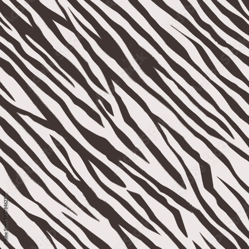 Zebra pattern. Seamless vector texture. Striped black and white animal skin. Continuously repeating print for fashion design, textile and fabric decoration. Imitation of fur - uneven edges at stripes.