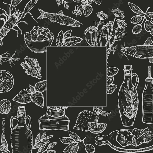 Chalk style mediterranean food frame with olive oil, vegetables, cheese, herbs and seafood