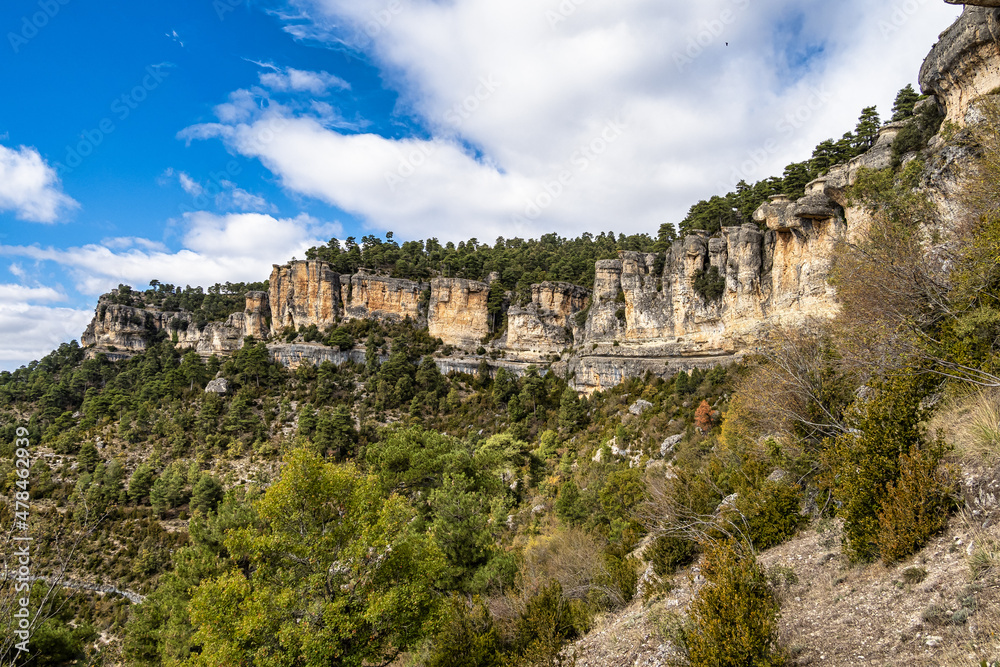 Panoramic view of the Serrania de Cuenca at Una in Spain. Hiking trails La Raya and El Escaleron in Una