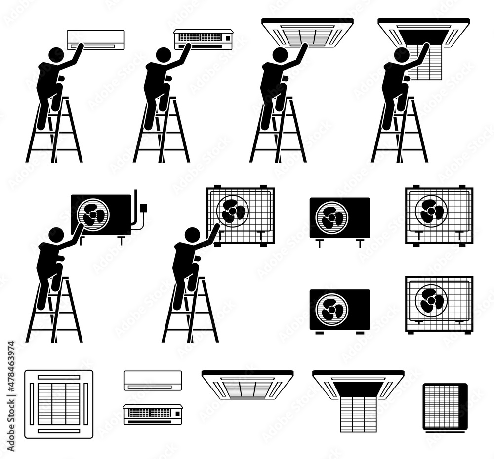 AC air conditioner conditioning unit. Man checking servicing air