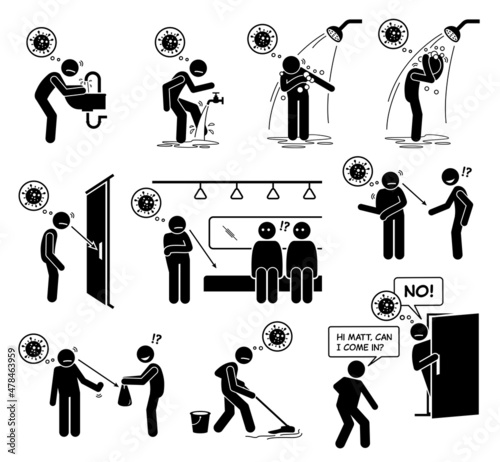 Obsessive compulsive disorder OCD. Contamination washing cleaning. Vector illustrations of people suffering with obsessive compulsive mental disorder OCD. Man repetitively washing hand, leg, and body.