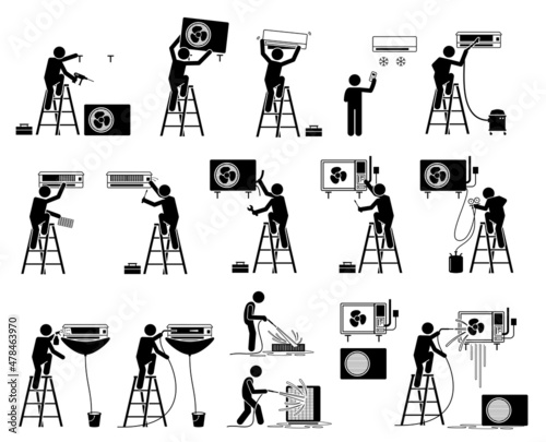 AC air conditioner installation, repair and service. Vector illustrations of air conditioning technician man installing, servicing, cleaning, and fixing air condition internal and external unit.