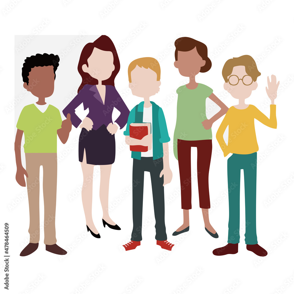 A group of students of various nationalities and appearances. With objects in hands on a light background A group of students of various nationalities and appearances. With objects in hands on a light background