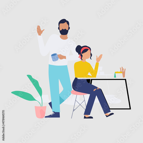 A man and a girl at a labor table. Working process. On a light background
