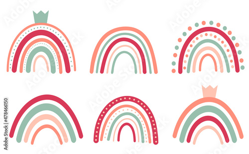 Doodle nursery rainbows collection. Hand drawn Scandinavian style boho rainbow for Baby shower, children's party. Cute pastel collection isolated on white background.